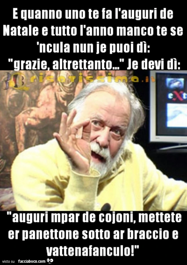 E quanno uno te fa l'auguri de Natale e tutto l'anno manco te se 'ncula nun je puoi dì grazie altrettanto. Je devi dì auguri mpar de cojoni, mettete er panettone sotto ar braccio e vatt