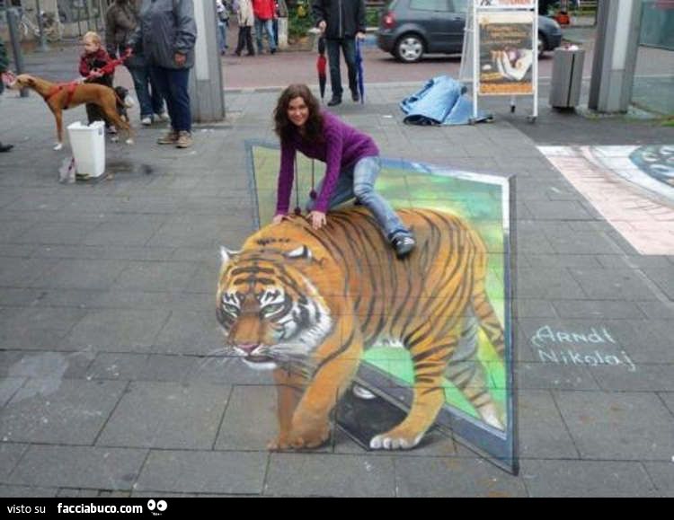 effetto illusione ottica street art ragazza cavalca tigre