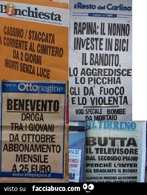 L'Inchiesta: Cassino, staccata la corrente al cimitero da 2 giorni, morti senza luce. Il resto del carlino: Rapina, il nonno investe in bici il bandito, lo aggredisce lo picchia gli da fuoco e lo