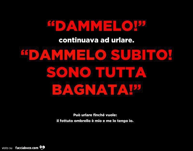 Dammelo! Continuava ad urlare. Dammelo subito! Sono tutta bagnata! Può urlare finchè vuole: il fottuto ombrello è mio e me lo tengo io