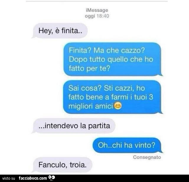 Hey è Finita! Finita? Ma che cazzo? Dopo tutto quello che ho fatto per te? Sai cosa? Sti cazzi, ho fatto bene a farmi i tuoi 3 migliori amici
