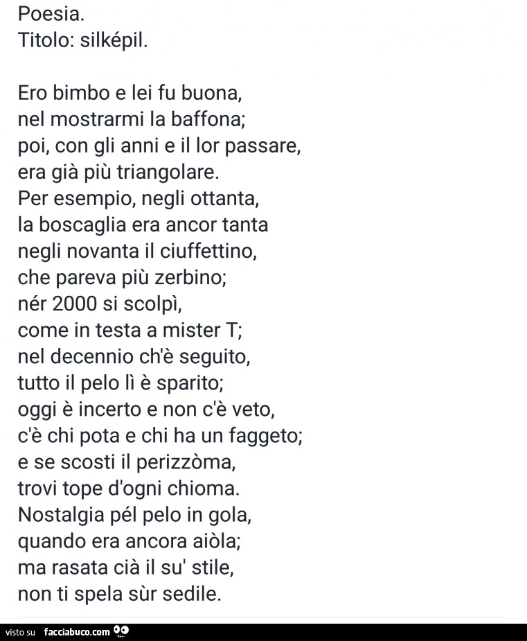 Poesia: Silkèpil. Ero bimbo e lei fu buona nel mostrarmi la baffona; poi con gli anni e il lor passare, era già più triangolare