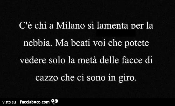C'è chi a Milano si lamenta per la nebbia. Ma beati voi che potete vedere solo la metà delle facce di cazzo che ci sono in giro