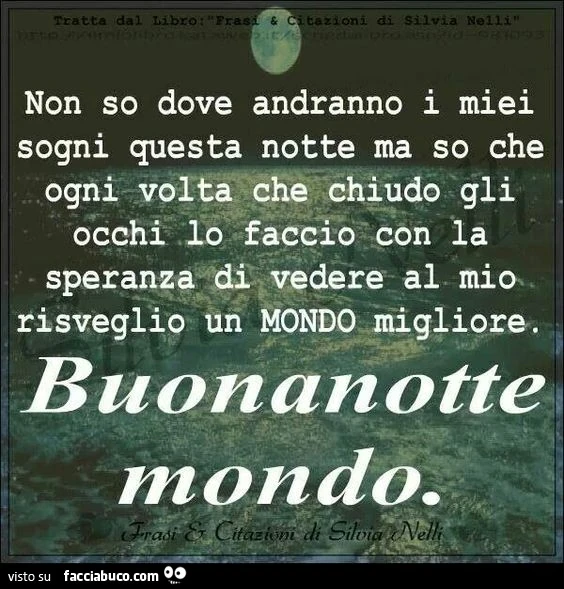 Non so dove andranno i miei sogni questa notte ma so che ogni volta che chiudo gli occhi lo faccio con la speranza di vedere al mio risveglio un mondo migliore. Buona notte mondo