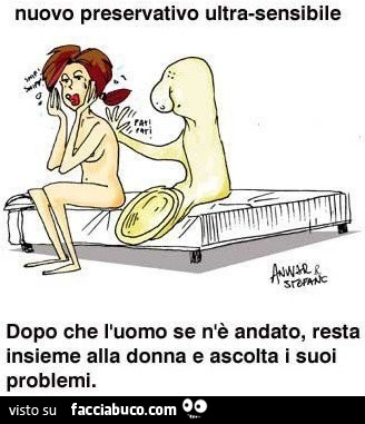 Nuovo preservativo ultra sensibile. Dopo che l'uomo se n'è andato, resta insieme alla donna e ascolta i suoi problemi