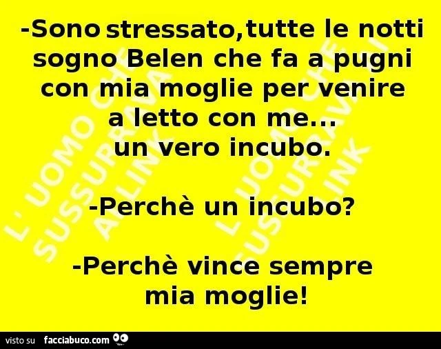 Sono stressato, tutte le notti sogno Belen che fa a pugni con mia moglie per venire a letto con me, un vero incubo! Perchè un incubo? Perchè vince sempre mia moglie