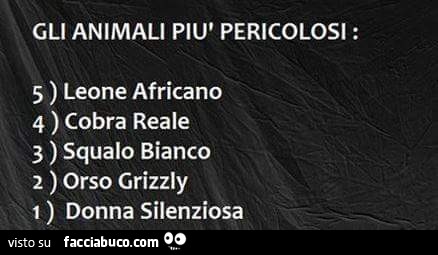 Gli animali più pericolosi: leone africano, cobra reale, squalo bianco, orso grizzly, donna silenziosa