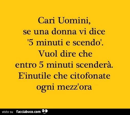 Cari uomini se una donna vi dice "5 minuti e scendo" vuol dire che entro 5 minuti scenderà. È Inutile che citofonate ogni mezz'ora