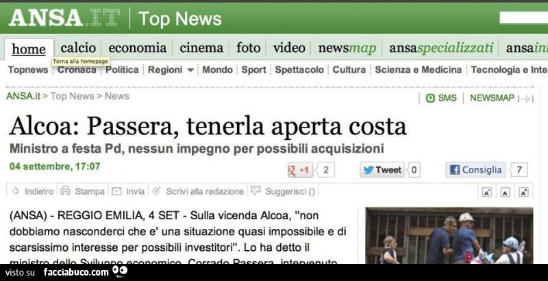 ANSA - Alcoa: Passera, tenerla aperta costa