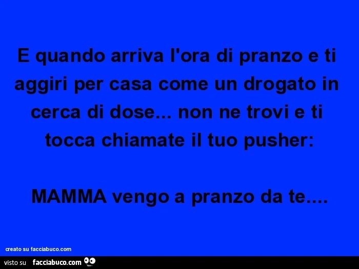E quando arriva l'ora di pranzo e ti aggiri per casa come un drogato in cerca di dose&hellip; non ne trovi e ti tocca chiamate il tuo pusher: mamma vengo a pranzo da te