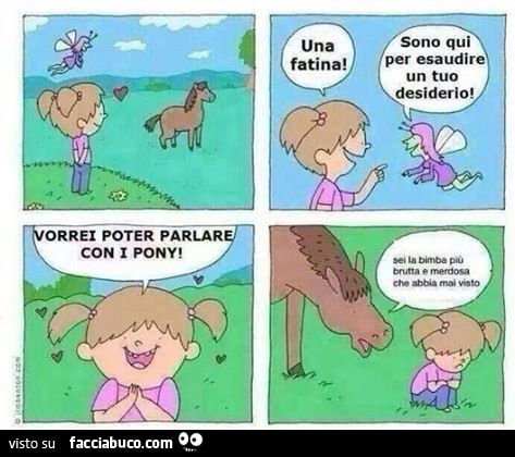 Una fatina! Sono qui per esaudire un tuo desiderio! Vorrei poter parlare con i pony! Sei la bimba più brutta e merdosa che abbia mai visto