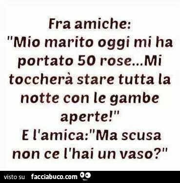 Fra amiche: mio marito oggi mi ha portato 50 rose... mi toccherà stare tutta la notte con le gambe aperte! Ma scusa non ce l'hai un vaso?