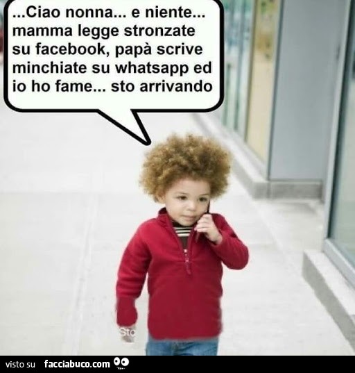 Ciao nonna. Mamma legge stronzate su facebook, papà scrive minchiate su whatsapp ed io ho fame. Sto arrivando