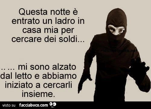 Questa notte è entrato un ladro in casa mia per cercare soldi. Mi sono alzato dal letto e abbiamo iniziato a cercarli insieme