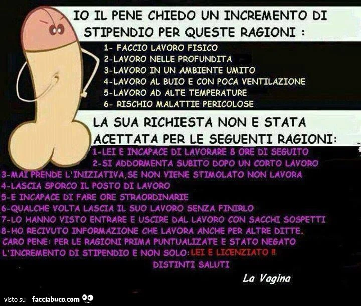 Io il pene chiedo un incremento di stipendio per le seguenti ragioni