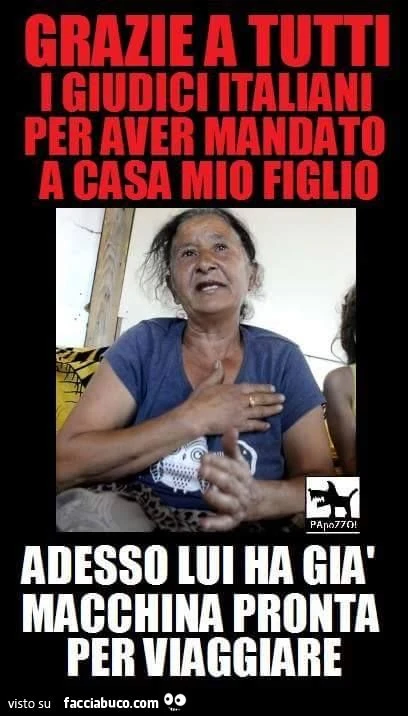 zingari grazie a tutti i giudici italiani per aver mandato a casa mio figlio, adesso ha già una macchina pronta per viaggiare