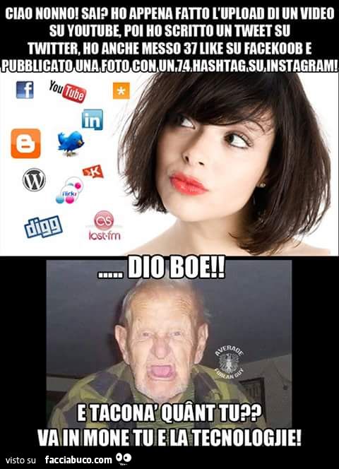 Ciao nonno! Sai? Ho appena fatto l'upload di un video su youtube, ho scritto un tweet su twitter e messo 37 like su facebook