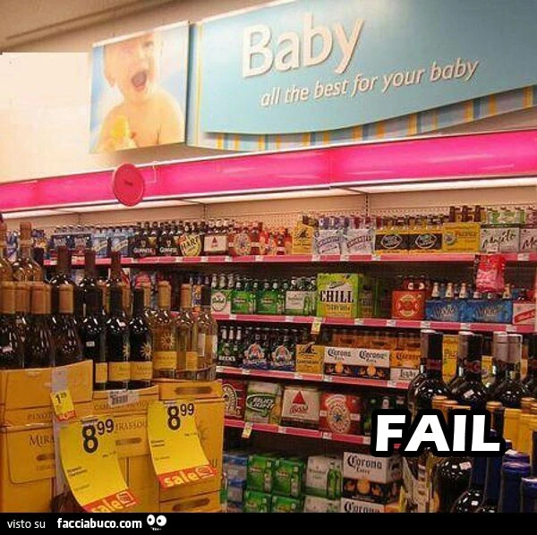 supermercato fail reparto bimbi ma negli scaffali ci sono gli alcolici