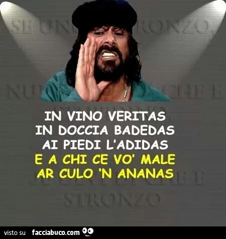 In vino veritas, in doccia badedas, ai piedi l'adidas, e a chi ce vò male ar culo n'ananas