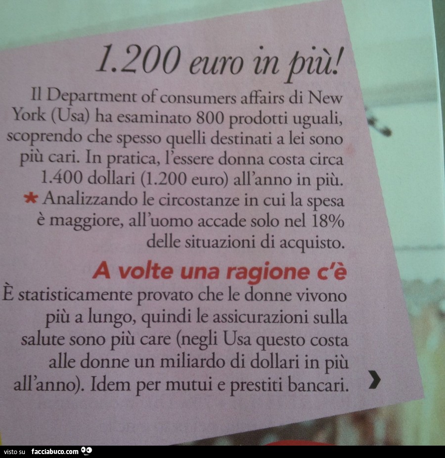 Essere donna costa circa 1.200 euro all'anno in più