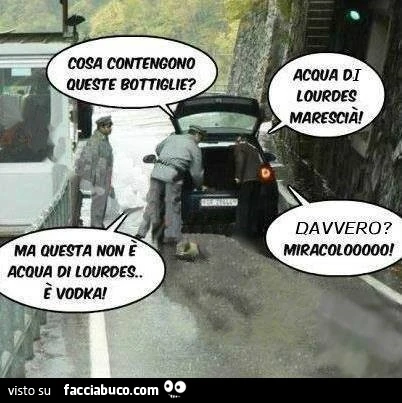 Cosa contengono queste bottiglie? Acqua di Lourdes. Ma questa è vodka! Davvero? Miracolooo