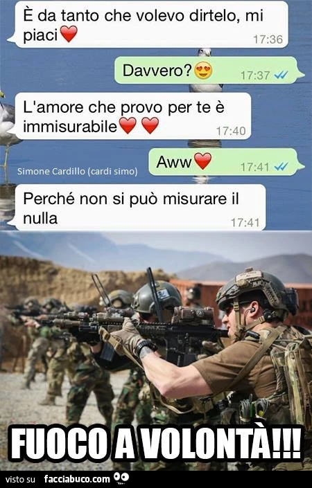 è da tanto che volevo dirtelo, mi piaci. Davvero? L'amore che provo per te è immisurabile, perchè non si può misurare il nulla. Fuoco a volontà