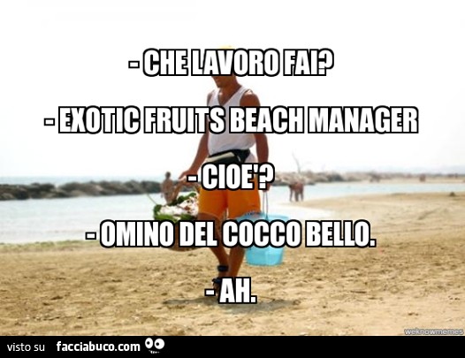 Che lavoro fai? Exotic fruits beach manager. Cioè? Omino del cocco bello.