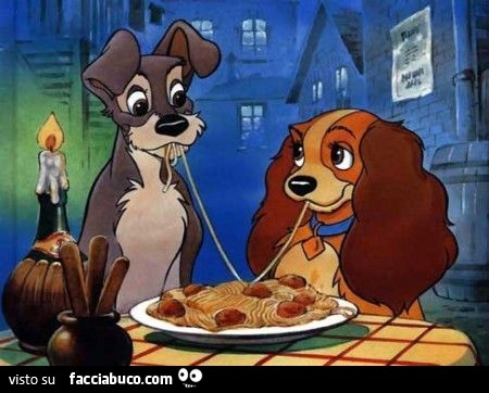 Lilli e il Vagabondo mangiano spaghetti con polpettine
