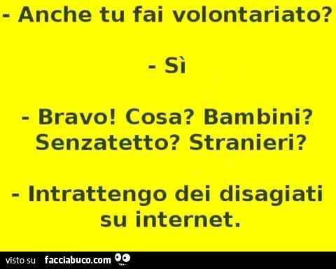 Anche tu fai volontariato? Si. Bravo, cosa bambini? Senzatetto? Stranieri? Intrattengo dei disagiati su internet