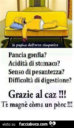 Pancia gonfia? Acidità di stomaco? Senso di pesantezza? Difficoltà di digestione? Grazie al caz. Tè magnè còma un pòrc