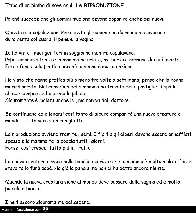 Tema di un bimbo di nove anni: la riproduzione