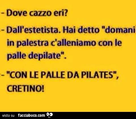 Dove cazzo eri? Dall'estetista. Hai detto domani in palestra c'alleniamo con le palle depilate. Con le palle da pilates, cretino