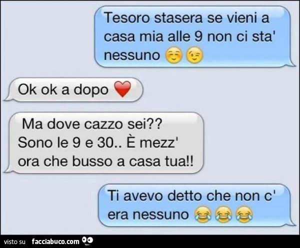 Tesoro stasera vieni a casa mia alle 9 non ci sta nessuno. Ok a dopo. Ma dove cazzo sei? Sono le 9 e 30. É Mezzora che busso a casa tua! Ti avevo detto che non c'era nessuno
