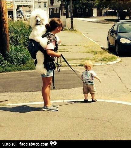 La madre porta il figlio al guinzaglio e il cane in spalla