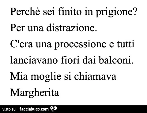 Perchè sei finito in prigione? Per una distrazione. C'era una processione e tutti lanciavano fiori dai balconi. Mia moglie si chiamava Margherita