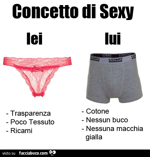 Concetto di Sexy. Lei: poco tessuto, ricami, trasparenza. Lui: cotone, elastico integro, nessun buco, nessuna macchia gialla