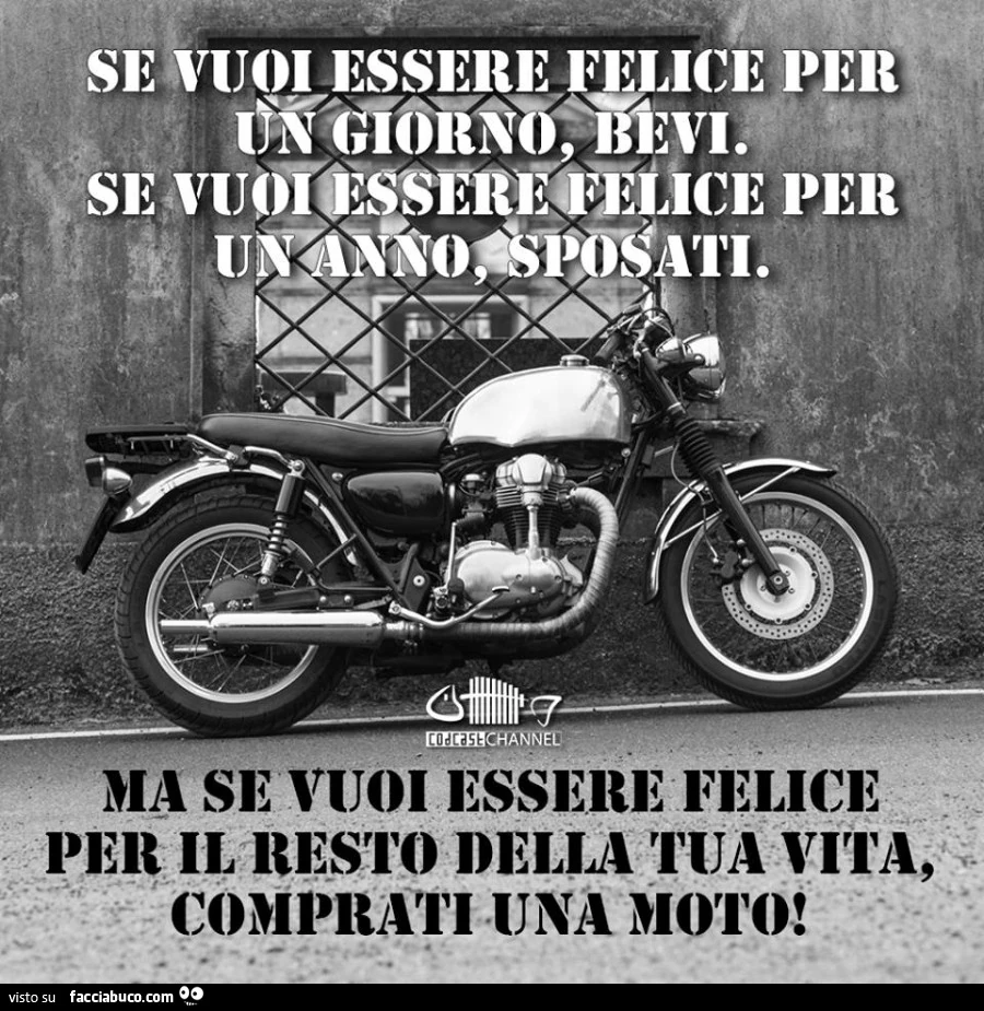 Se vuoi essere felice per un giorno bevi. Se vuoi essere felice per un anno, sposati. Ma se vuoi essere felice per il resto della tua vita, comprati una moto