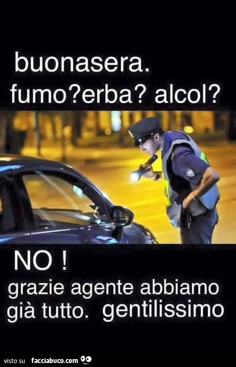 Buonasera. Fumo? Erba? Alcol? No grazie agente, abbiamo già tutto, gentilissimo