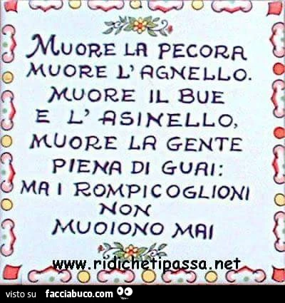 Muore la pecora muore l'agnello muore il bue e l'asinello, muore la gente piena di guai: ma i rompicoglioni non muoiono mai