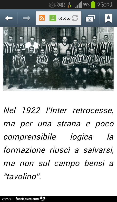Nel 1922 l'Inter retrocesse, ma per una strana e poco comprensibile logica la formazione riuscì a salvarsi, ma non sul campo bensì a tavolino