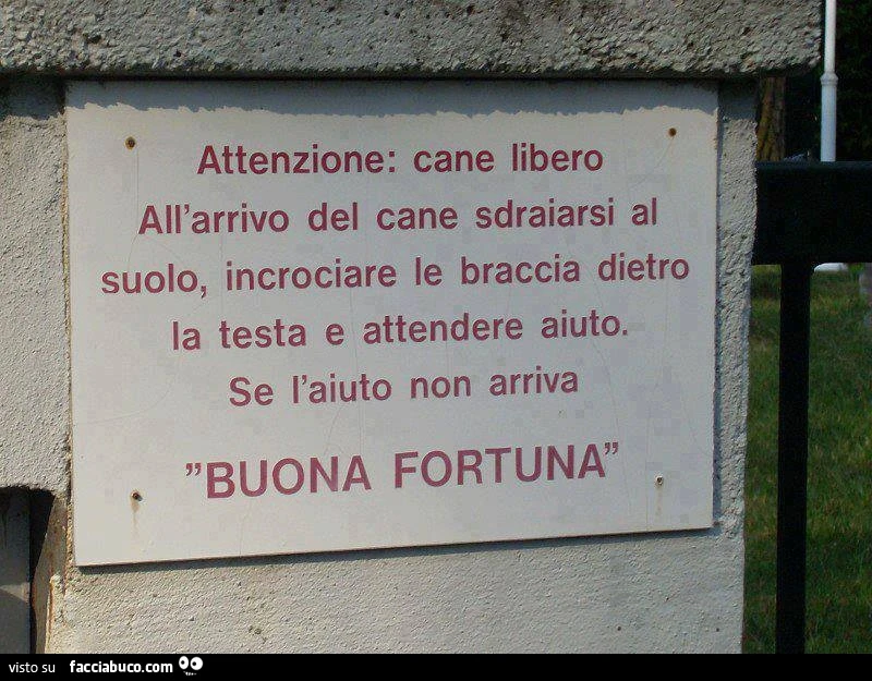 Attenzione: cane libero. All'arrivo del cane sdraiarsi al suolo, incrociare le braccia dietro la testa e attendere aiuto. Se l'aiuto non arriva, buona fortuna