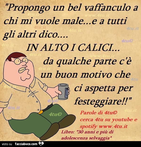 Propongo un bel vaffanculo a chi mi vuole male e a tutti gli altri dico in alto i calici da qualche parte c'è un buon motivo che ci aspetta per festeggiare