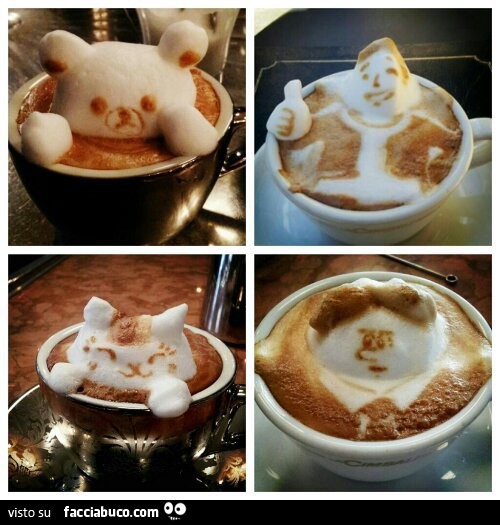 Divertirsi con la schiuma del cappuccino. Orsetto, gattino e omini buffi