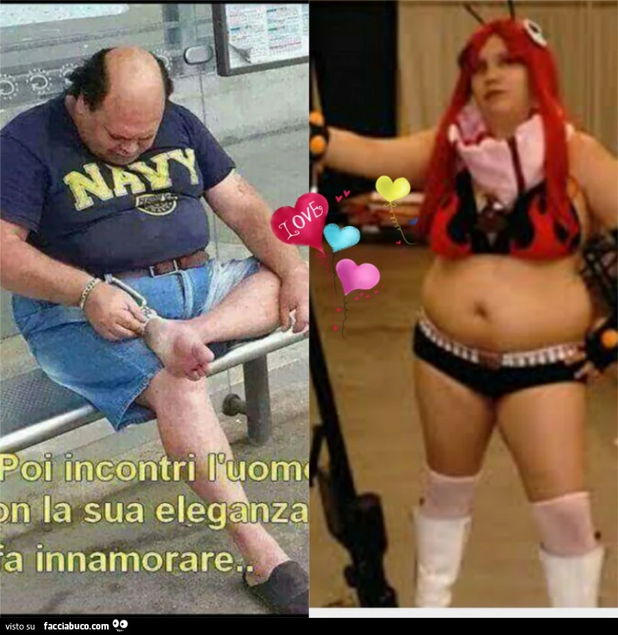 Poi incontri l'uomo che con la sua eleganza ti fa innamorare. Ragazza cicciona vestita da coccinella in bikini