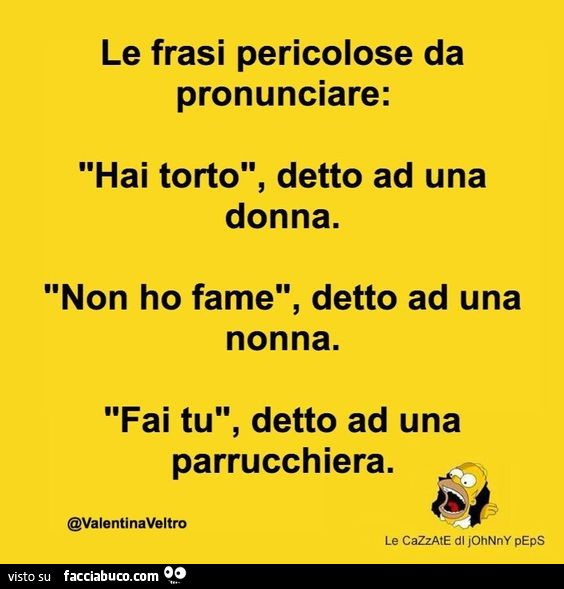 Le frasi pericolose da pronunciare: hai torto, detto ad una donna. 'Non ho fame, detto ad una nonna. Fai tu, detto ad una parrucchiera