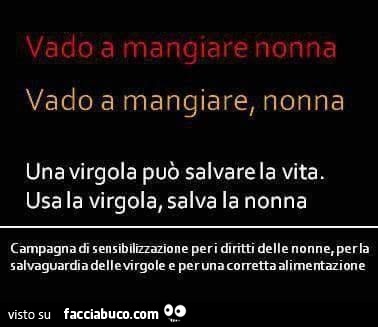 Vado a mangiare nonna. Vado a mangiare, nonna. Una virgola può salvare la vita. Usa la virgola, salva la nonna