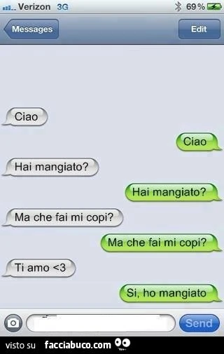 Ma che fai mi copi? hai mangiato? ti amo si ho mangiato