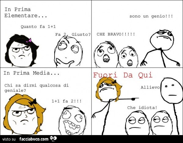 In prima elementare: quanto fa 1 1? Fa 2. Sono un genio. In prima media: chi sa dirmi qualcosa di geniale?