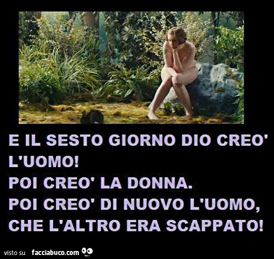 E il sesto giorno Dio creò l'uomo. Poi creò la donna. Poi creò di nuovo l'uomo che l'altro era scappato