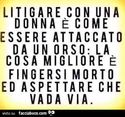 Litigare con una donna è come essere attaccato da un orso: la cosa migliore è fingersi morto ed aspettare che vada via